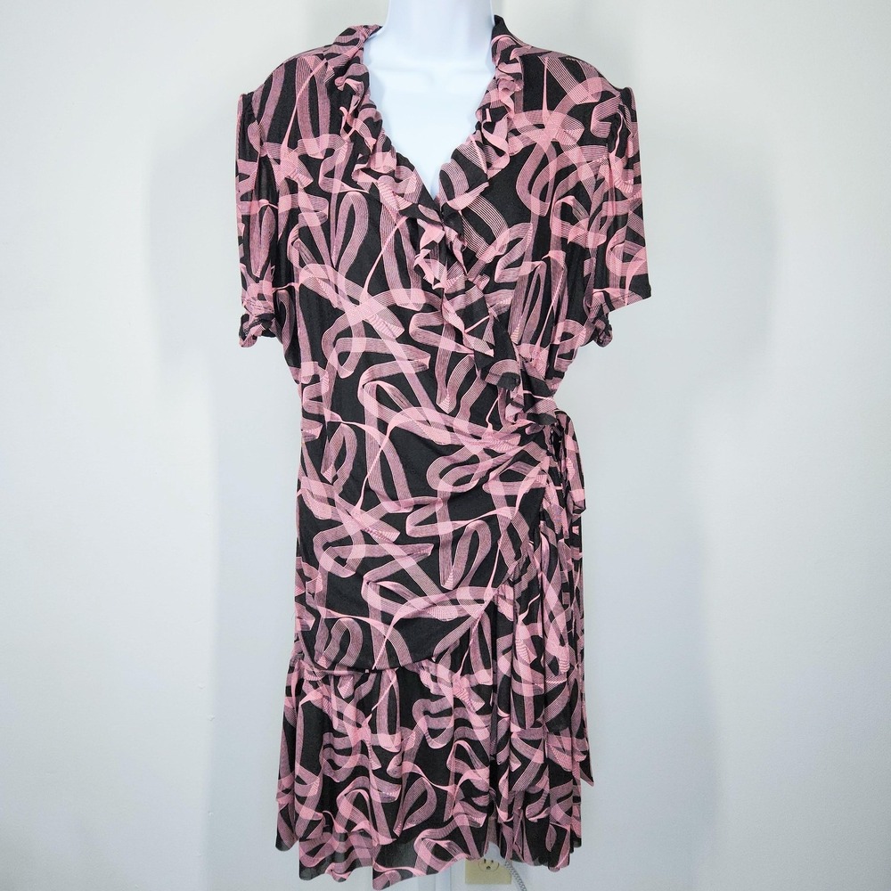 Koh Koh Dress Womens 3X Black Pink Swirl Wrap Ruffle Short Sleeve Fit Flare NEW
